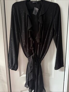 Signature Black Ruffled Tie-Front Blouse with Star Motif
